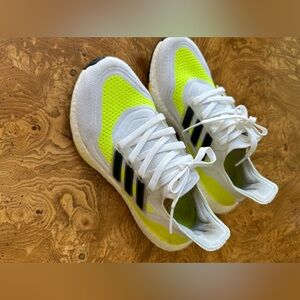 Adidas Ultraboost 21 Running Shoes White and Solar Yellow men 5 woman 6.5